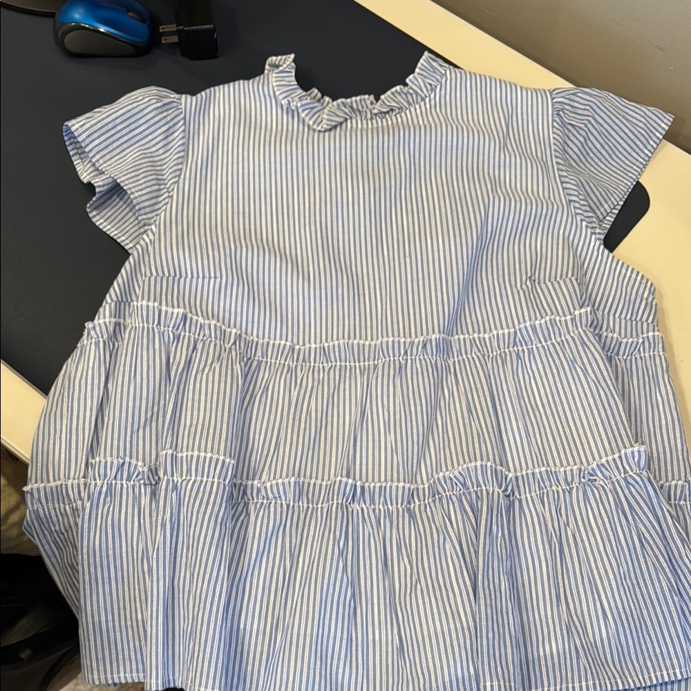 Blue and White Striped Blouse with Ruffles